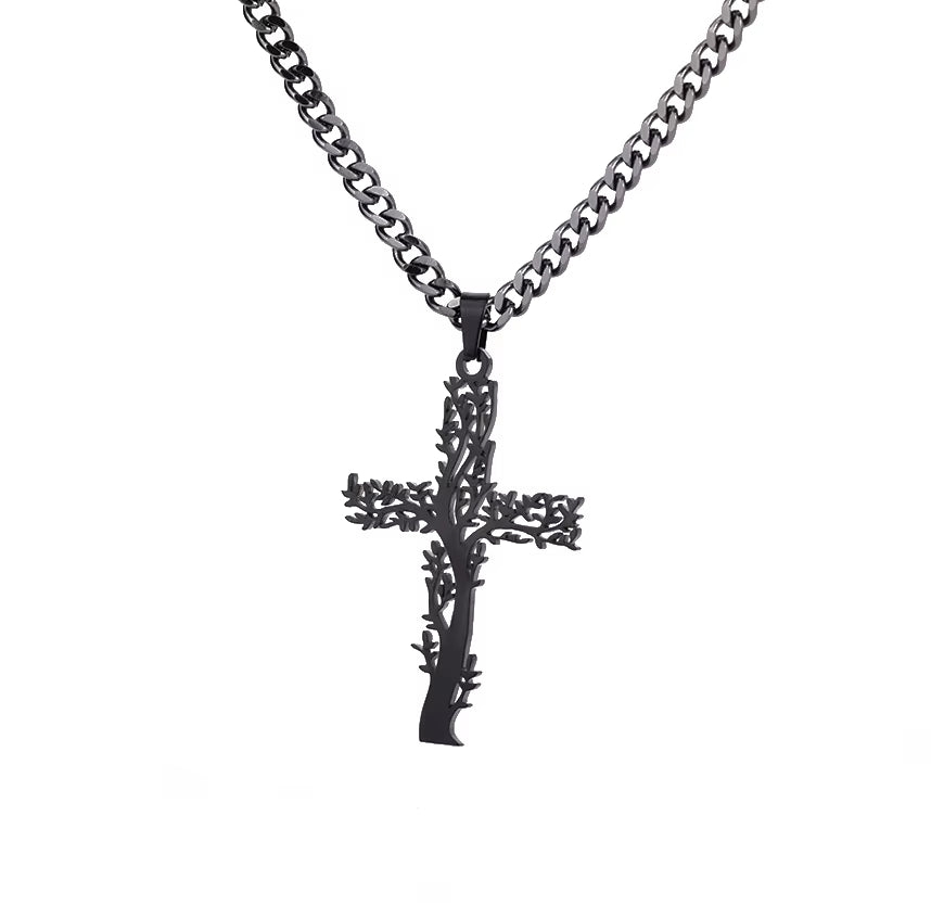 Fashion Creative Cross Wolf Necklace Stainless Steel for Women Choker Branches Tree of Life Design Pendant Necklace Men Jewelry