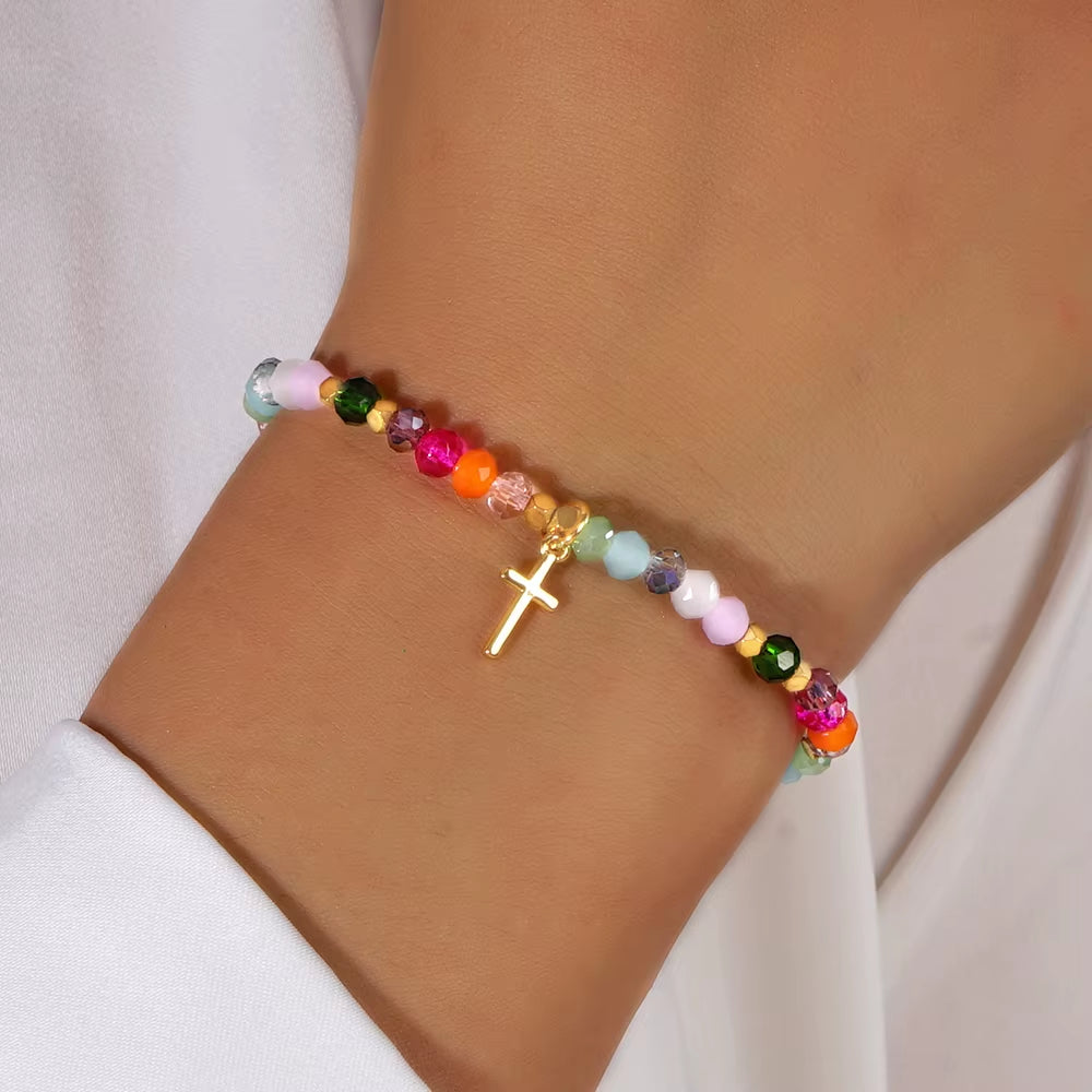 1PC Colorful Crystal Cross Bracelet Energy Healing Beads Boho Handmade Fashion Gift Hawaii Vacation Fashion Women