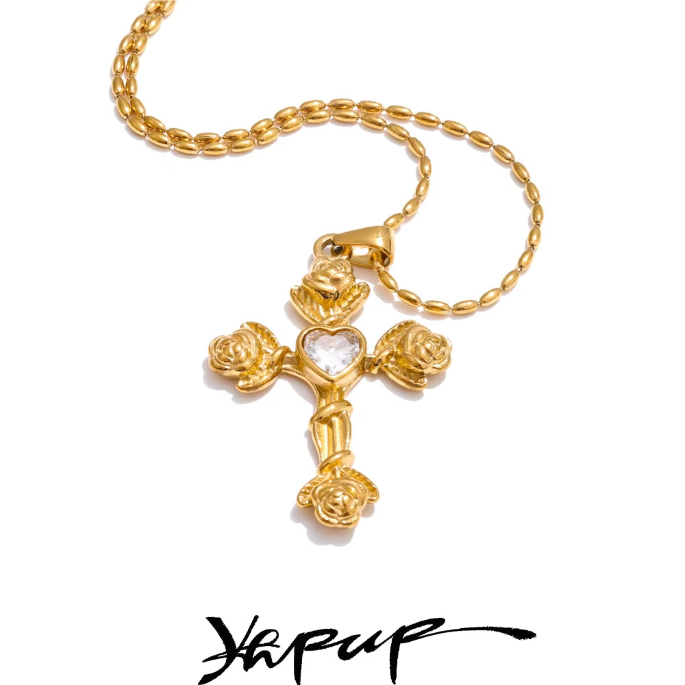 2025 Arrivals Fashion Zircon Rose Flower Cross Pendant Necklace 18K PVD Plated Stainless Steel Aesthetic Golden Jewelry