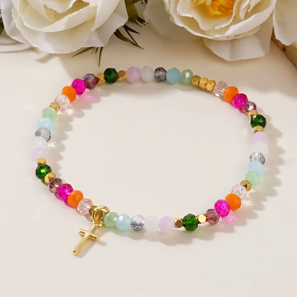 1PC Colorful Crystal Cross Bracelet Energy Healing Beads Boho Handmade Fashion Gift Hawaii Vacation Fashion Women