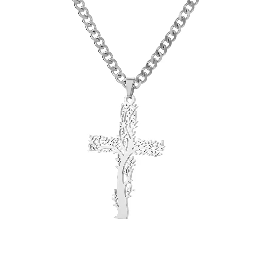 Fashion Creative Cross Wolf Necklace Stainless Steel for Women Choker Branches Tree of Life Design Pendant Necklace Men Jewelry