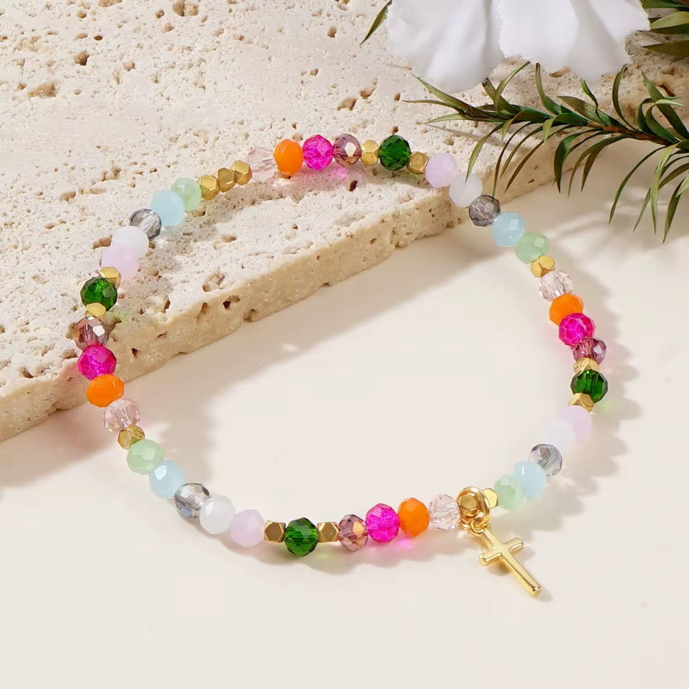 1PC  Colorful Crystal Cross Bracelet Energy Healing Beads Boho Handmade Fashion Gift Hawaii Vacation Fashion Women