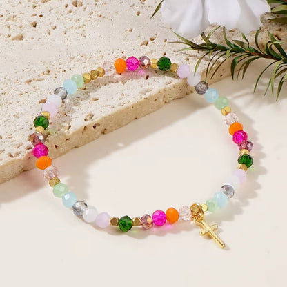 1PC  Colorful Crystal Cross Bracelet Energy Healing Beads Boho Handmade Fashion Gift Hawaii Vacation Fashion Women
