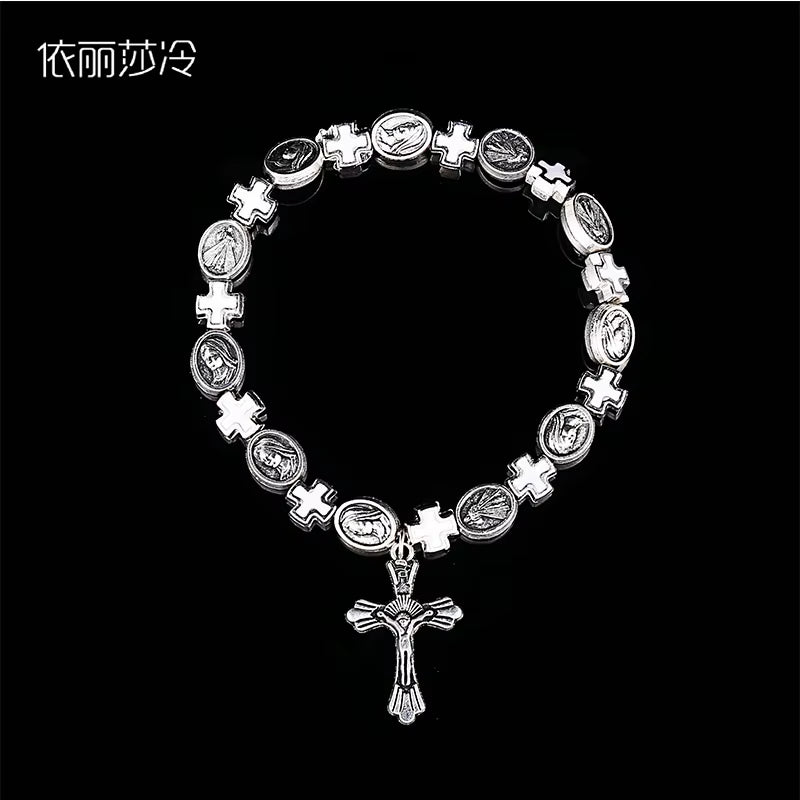 Jesus Cross Rosary Bracelet, Jesus Cross Handmade Bead Chain Rose, Sacred Heart Compassion Rosary Rosary Bracelet Gift