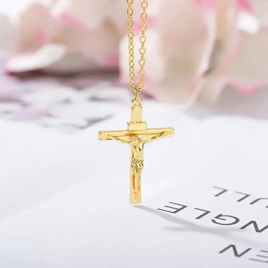316L Stainless Steel Cross Necklace 18K Gold Plated Religious Pendant Unisex Church Jewelry Gift Hypoallergenic Non-Fading Chain