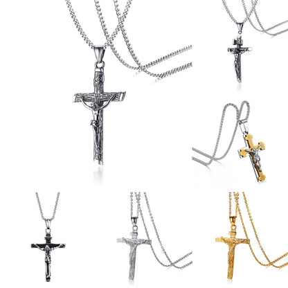 Men'S Assorted Catholic Cross Pendant Necklaces, Stainless Steel Christ Prayer Collar Jewelry,With 24" Chain