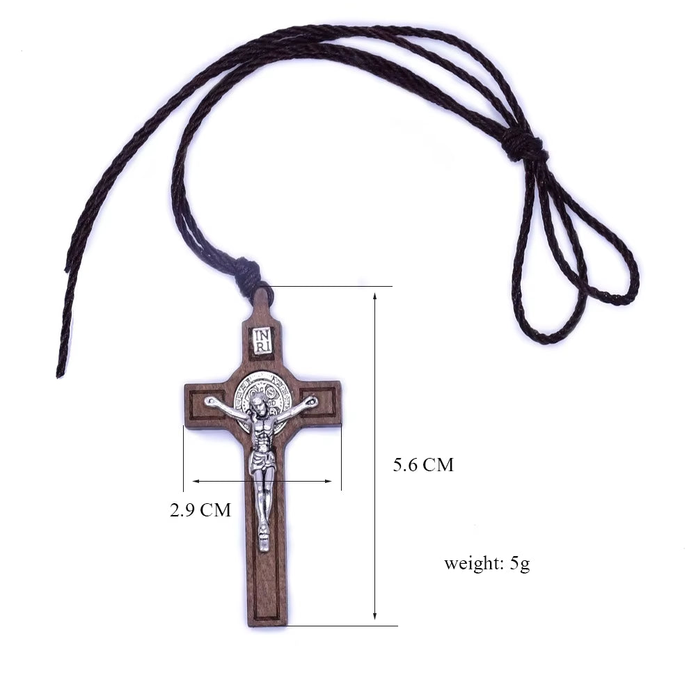 Simple Religious Belief Prayer Baptism Christian Jesus Wood Metal Cross Wax Rope Necklace Men Women Accessories Jewelry Gift