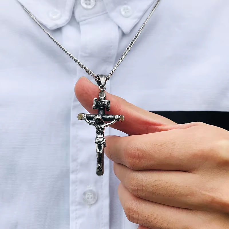 Men'S Assorted Catholic Cross Pendant Necklaces, Stainless Steel Christ Prayer Collar Jewelry,With 24" Chain
