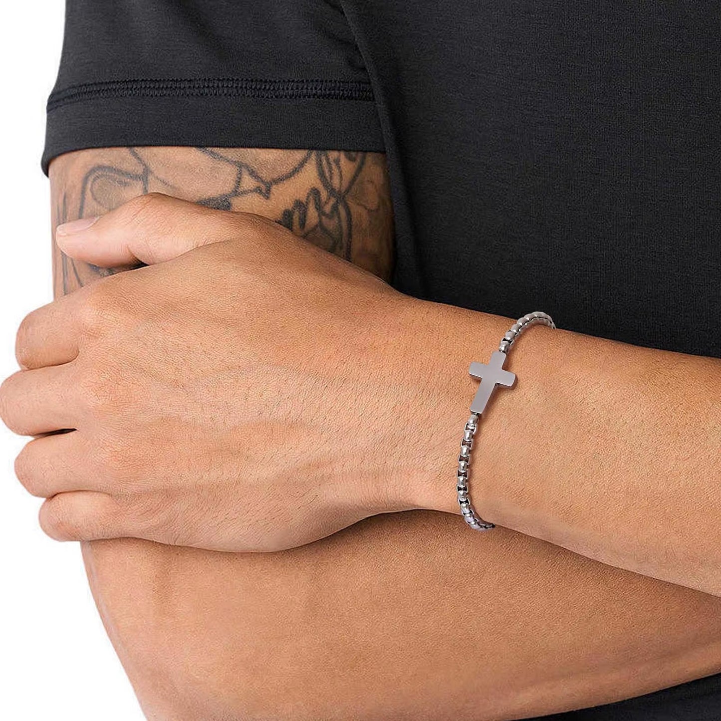 Cross Chains Link Bracelets for Men Boys,Stainless Steel Ball Chain Wristband,Stylish Jewelry Gift for Dad Husband