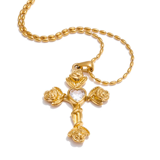 2025 Arrivals Fashion Zircon Rose Flower Cross Pendant Necklace 18K PVD Plated Stainless Steel Aesthetic Golden Jewelry