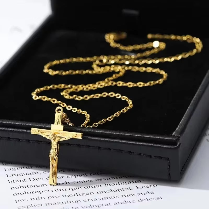 316L Stainless Steel Cross Necklace 18K Gold Plated Religious Pendant Unisex Church Jewelry Gift Hypoallergenic Non-Fading Chain