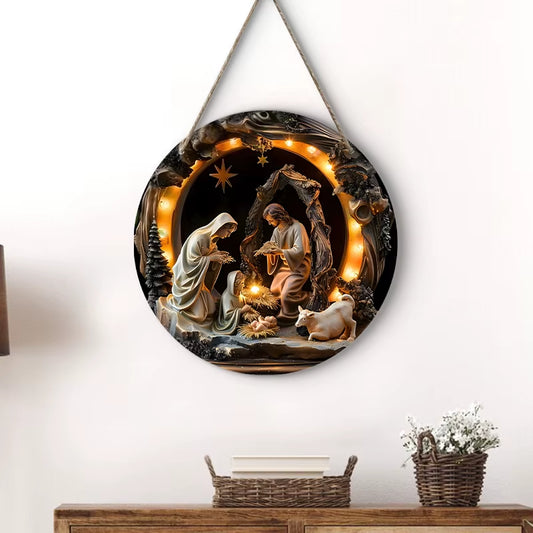 1Pc 2D Nativity Scene Wooden Sign Religious Relief Effect Design Jesus Born Wreath Sign for Church Front Door Wall Hanging Decor