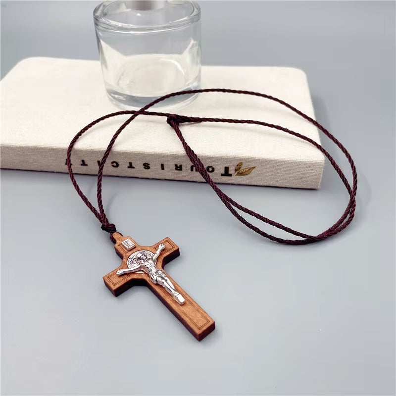 Simple Religious Belief Prayer Baptism Christian Jesus Wood Metal Cross Wax Rope Necklace Men Women Accessories Jewelry Gift