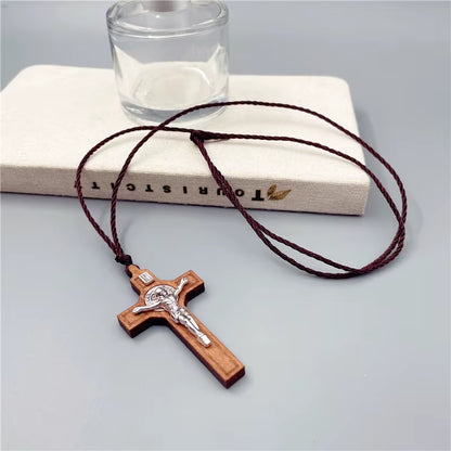 Simple Religious Belief Prayer Baptism Christian Jesus Wood Metal Cross Wax Rope Necklace Men Women Accessories Jewelry Gift