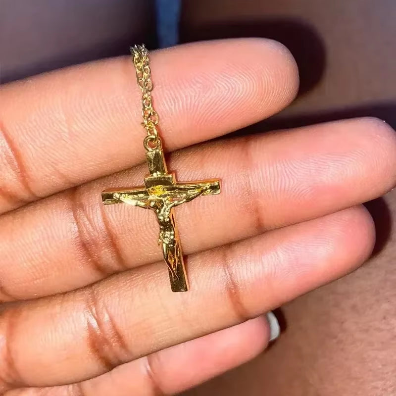 316L Stainless Steel Cross Necklace 18K Gold Plated Religious Pendant Unisex Church Jewelry Gift Hypoallergenic Non-Fading Chain