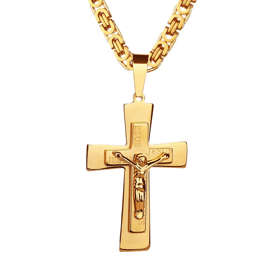 Collier pour homme avec  croix de Jésus et chaîne en acier inoxydable couleur or, collier crucifix chrétien, bijoux religieux pour homme