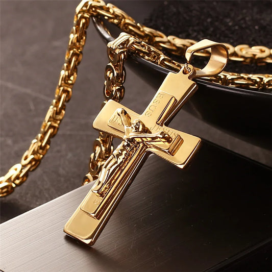 Collier pour homme avec  croix de Jésus et chaîne en acier inoxydable couleur or, collier crucifix chrétien, bijoux religieux pour homme