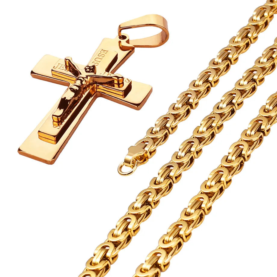 Collier pour homme avec  croix de Jésus et chaîne en acier inoxydable couleur or, collier crucifix chrétien, bijoux religieux pour homme
