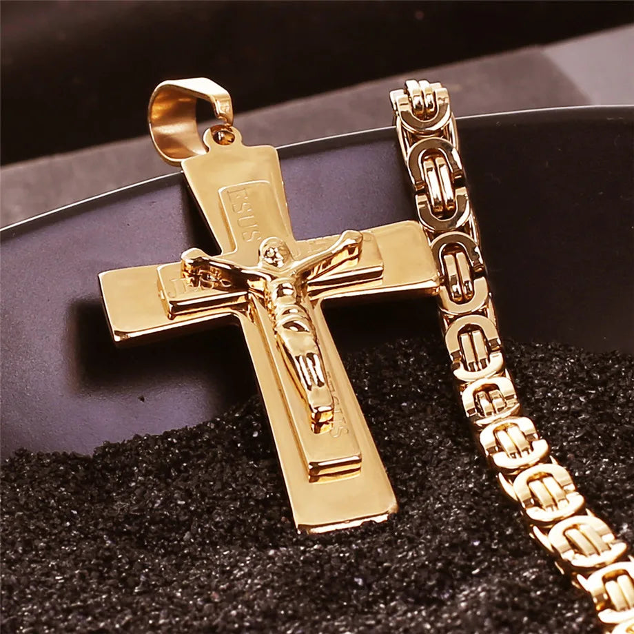 Collier pour homme avec  croix de Jésus et chaîne en acier inoxydable couleur or, collier crucifix chrétien, bijoux religieux pour homme