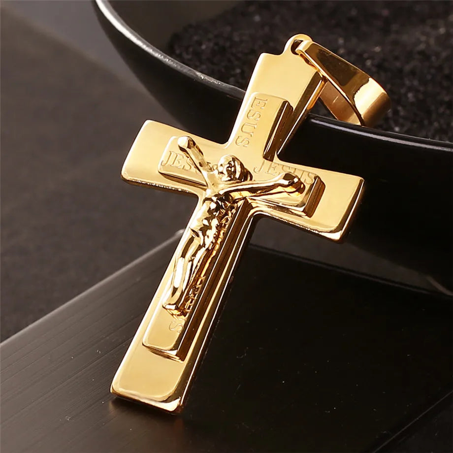 Collier pour homme avec  croix de Jésus et chaîne en acier inoxydable couleur or, collier crucifix chrétien, bijoux religieux pour homme