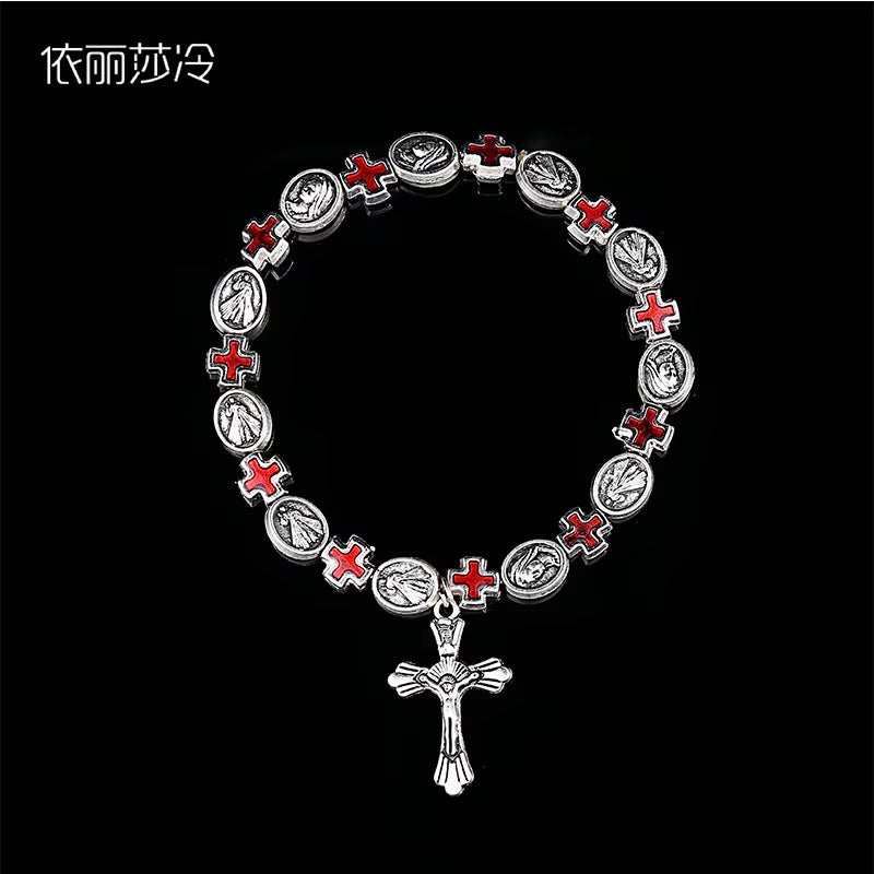 Jesus Cross Rosary Bracelet, Jesus Cross Handmade Bead Chain Rose, Sacred Heart Compassion Rosary Rosary Bracelet Gift