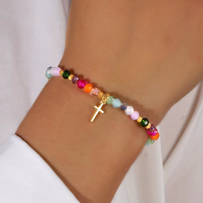 1PC  Colorful Crystal Cross Bracelet Energy Healing Beads Boho Handmade Fashion Gift Hawaii Vacation Fashion Women