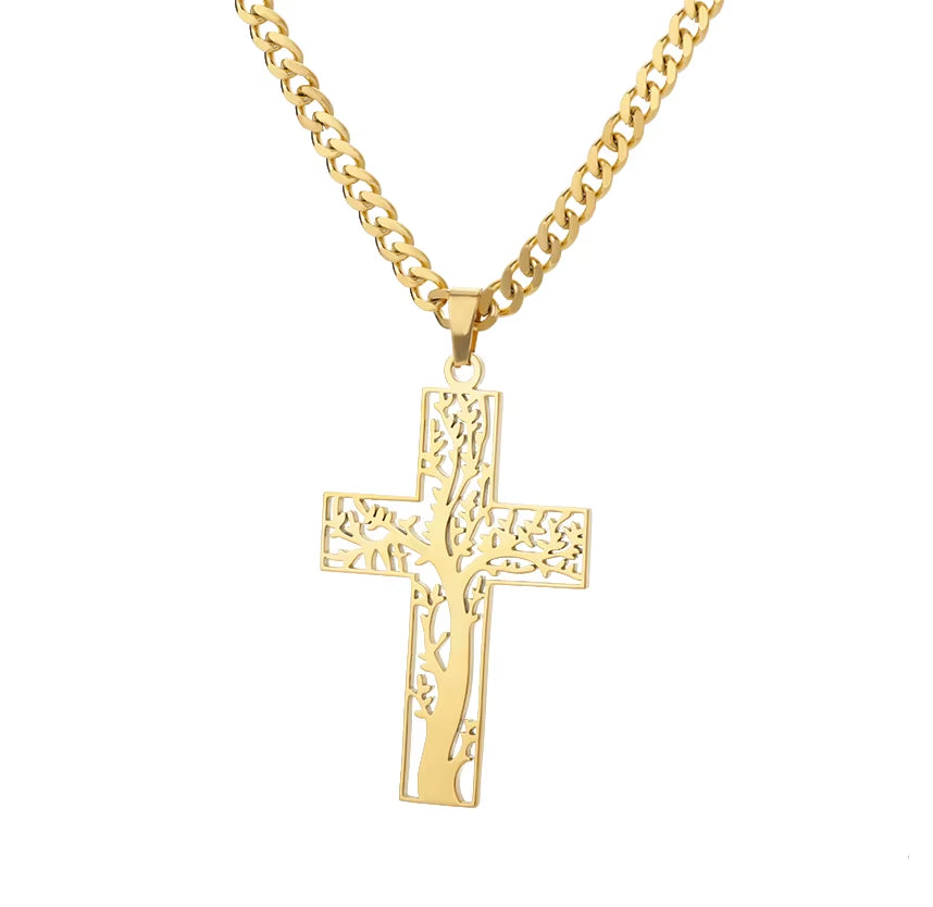 Fashion Creative Cross Wolf Necklace Stainless Steel for Women Choker Branches Tree of Life Design Pendant Necklace Men Jewelry
