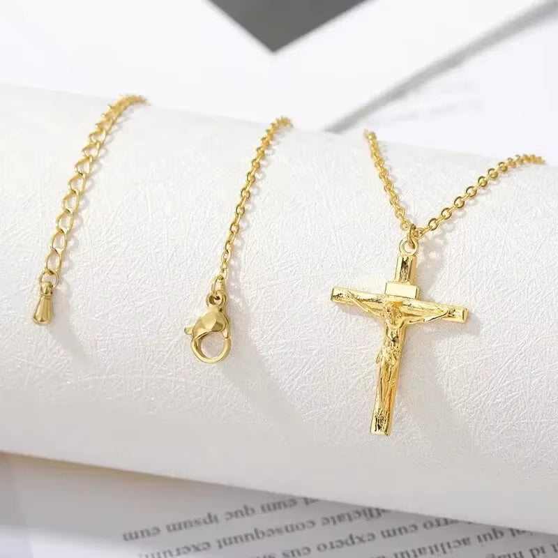 316L Stainless Steel Cross Necklace 18K Gold Plated Religious Pendant Unisex Church Jewelry Gift Hypoallergenic Non-Fading Chain