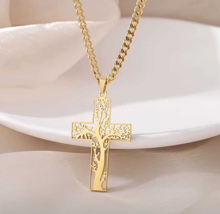 Fashion Creative Cross Wolf Necklace Stainless Steel for Women Choker Branches Tree of Life Design Pendant Necklace Men Jewelry
