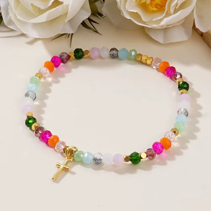 1PC  Colorful Crystal Cross Bracelet Energy Healing Beads Boho Handmade Fashion Gift Hawaii Vacation Fashion Women