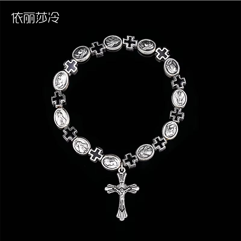 Jesus Cross Rosary Bracelet, Jesus Cross Handmade Bead Chain Rose, Sacred Heart Compassion Rosary Rosary Bracelet Gift